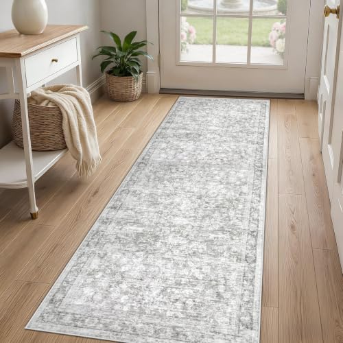 2x8 Hallway Runner Rug: Washable Vintage Floral Entryway Rugs Low Pile Non-Slip Boho Carpet for Kitchen, Bedroom, Bathroom, Dining Room (Grey, 2'x8') - color: Grey, size: 2' x 8' (Rectangular)