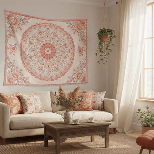 Motanber Pink Mandala Tapestry Wall Hanging Boho Floral Tapestry Aesthetic Watercolor Flower Medallion Cute Small Tapestries for Bedroom Living Room Dorm Decor 48 x 36 Inch - color: Peach Pink, size: 48"L x 36"W
