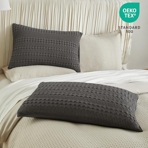 PHF 100% Cotton Waffle Pillow Shams Standard Size, 2 Pack 20" x 26" Soft Skin-Friendly Pillowcases, No Filling, Aesthetic Woven and Breathable Waffle Weave Pillow Case Covers for Bed, Charcoal Grey - color: Charcoal Grey, size: 26" x 20" (Pack of 2)