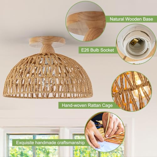 2 Packs Boho Light Rattan Chandelier Ceiling Lighting Fixtures,Boho Lamp Shade Flush Mount Ceiling Light Hand-Woven Small Chandelier for Hallway Bedroom Kitchen Nursery Lights - color: Brown-Ceiling light (2 sets)