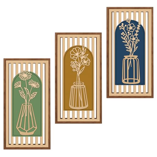 BINCUE 3 Pcs Boho Flower Wall Decor,Modern Floral Wall Art Botanical,Bohemian Floral Hanging Decor Abstract Minimalist Wildflower Wooden Art for Living Room Bedroom Office 7.9 x15.8 Inch - color: Colourful Flower B