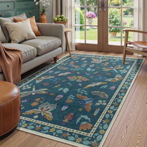 Beeiva Insect Print 5x7 Rug for Bedroom - Soft Washable Non Slip Butterfly Playroom Rugs for Living Room, Stain Resistant Throw Carpet for Office Nursery Dining Room Aesthetic Decor(5'x7',Dark Green) - color: Dark Green, size: 5' x 7' (Rectangular)