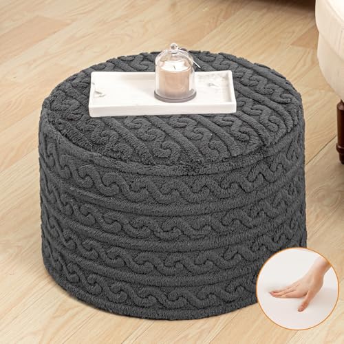 Round Plush Ottoman Pouf Stuffed– Fluffy Ottoman Foot Rest with Modern Foam Filler 20" x 14" Cozy Floor Pouf for Living Room & Bedroom (Gray) - color: Grey