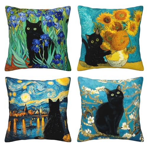Black Cat Throw Pillow Covers 18 X 18 Inch Set of 4 Decorative Cushion Cover Home Decor for Sofa Chair Couch Bedroom Living Room - color: Black Cat