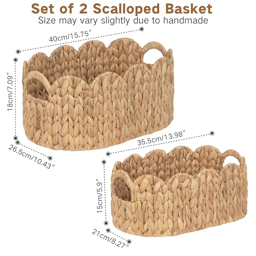iEGrow Scalloped Wicker Basket, Set of 2 Hand-Woven Natural Rattan Baskets with Built-in Handles, Water Hyacinth Storage Oval Cute Baby Baskets for Nursery, Organizing, Decor and Shelves - size: Oval