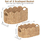 iEGrow Scalloped Wicker Basket, Set of 2 Hand-Woven Natural Rattan Baskets with Built-in Handles, Water Hyacinth Storage Oval Cute Baby Baskets for Nursery, Organizing, Decor and Shelves - size: Oval