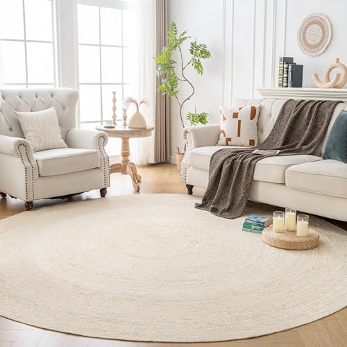 Shatex White Round Rug 6 Feet, Chunky Hand Braided Textured Jute Rug Rustic Style for Home Decor, Bedroom, Living Room, 100% Natural Jute Fiber, Off-White - color: Off-white, size: 6' (Round)