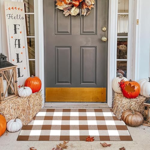 Ckorzen Coffee and White Plaid Rug,28" x 43" Outdoor Front Porch Door Decor Mat, Washable Cotton Woven Farmhouse Area Rug for Layered Door Mats Carpet, Entryway, Easter Décor - color: Coffee & White, size: 2'4" x 3'7" (Rectangular)