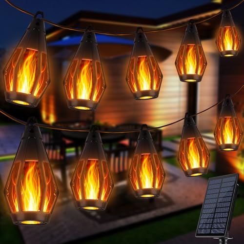 iBaycon Solar Flame Lights, 27Ft 10 LED Bulbs Flickering Flame String Light, Outdoor Waterproof Solar Flame Lights for Garden Yard Lawn Patio Decorations (Warm White) - color: Warm White, size: 27FT