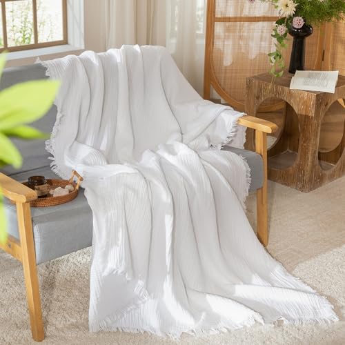 MooMee Muslin Blanket - 100% Cotton 4-Layer Gauze Throw Blanket with All-Around Fringe, Soft Breathable Lightweight Cooling Summer Blankets for Bed Couch (Bright White,Throw 60" x 50") - color: Bright White, size: Throw