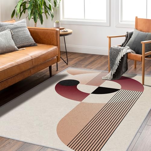 Area Rug 3x4, Boho Rug, Modern Minimalist Carpet, Washable Geometric Contemporary Rugs for Living Room, Bedroom, Dining Room, Office, Non-Slip, Pet-Friendly, 3 x 4 ft - color: Beige and Burgundy, size: 3 x 4 ft