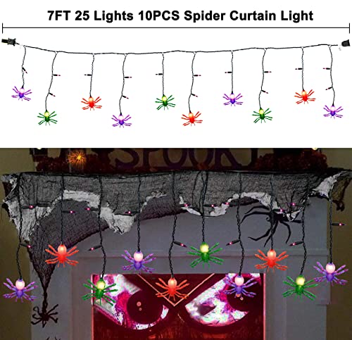 Halloween Spider String Lights, 7Ft Halloween Decorative String Lights with 10 Multicolor Spider and 15 Purple Mini Bulbs UL Listed for Window Porch Stair Bar Indoor Outdoor Patio Party Decor - color: Curtain Spider Lights