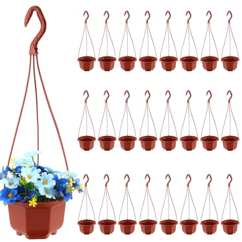 Roshtia 24 Pcs Hanging Plastic Planter Pot with Hook Flower Pots Baskets Hanging Nursery Planter Holder for Outdoor Indoor Plant Garden(Brown,5 Inch) - color: Brown, size: 5 Inch