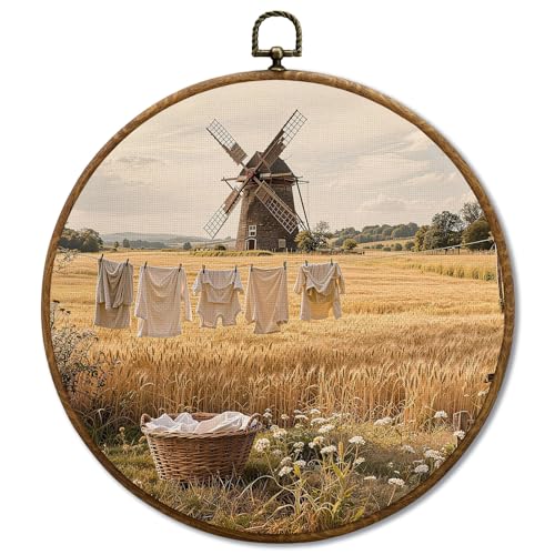 JUIOEIU Vintage Fall Rustic Farmhouse Round Wall Decor, Country Laundry Day Framed Canvas Prints, Retro Cottagecore Landscape Wall Art Hanging Decorations for Washroom Laundry Room Decor, 10x10in - color: Laundry room07