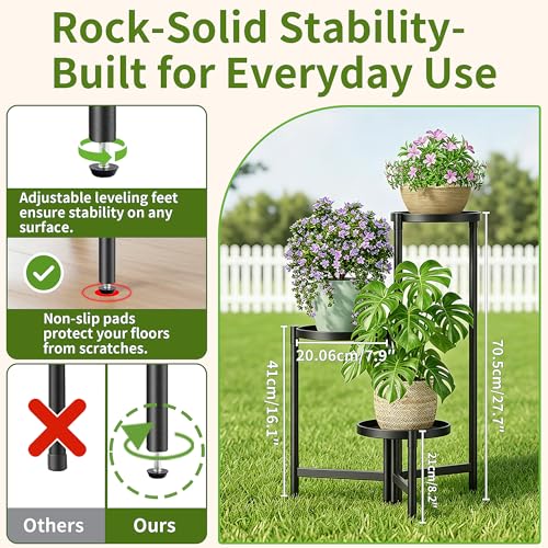 3 Tier Large Plant Stand Indoor with 7.9 Inch Wide Tray, Tiered Corner Metal Outdoor Flower Holder Stand, Folding Tall Rack for Display Shelf for Patio Porch Balcony - BlackDisk - color: BlackDisk, size: 3-tiers