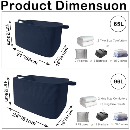 96L Large Blanket Basket,24"x16"x15"Rectangle Storage Bin with Handles,Woven Rope Laundry Basket for Toys, Clothes,Magazines,Home Organization,Nursery,Living Room & Bedroom,Navy - color: Navy, size: 24"x16"x15"(96L)