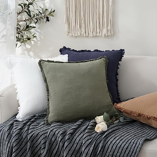 Foindtower Set of 2 Decorative Linen Fringe Throw Pillow Covers Cozy Boho Farmhouse Cushion Cover with Tassels Soft Accent Pillowcase for Couch Sofa Bed Living Room Home Decor,18×18 Inch,Olive Green - color: Olive Green, size: 18" x 18" (Pack of 2)