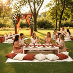 Beeveer 91 x 71 Extra Large Outdoor Boho Picnic Blanket with Terracotta Table Runner, 6 Throw Pillow Covers 6 Napkins Woven Cotton Yarn Oversize Beach Blanket Washable Picnic Camp Wedding - color: Terracotta