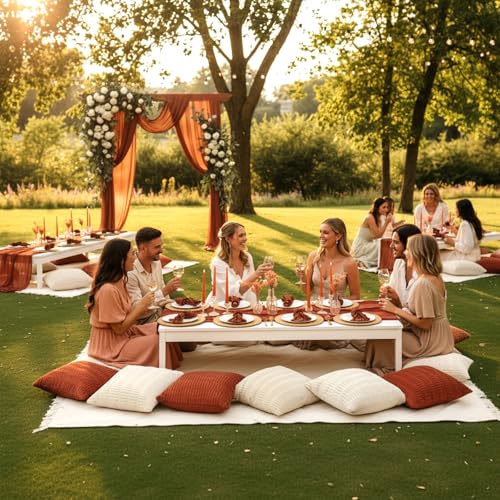 Beeveer 91 x 71 Extra Large Outdoor Boho Picnic Blanket with Terracotta Table Runner, 6 Throw Pillow Covers 6 Napkins Woven Cotton Yarn Oversize Beach Blanket Washable Picnic Camp Wedding - color: Terracotta