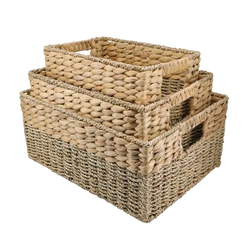 YAHUAN Natural Water Hyacinth & Seagrass Woven Storage Baskets – Wicker Storage Basket Organizer Bins with Handles for Home & Office Pantry Shelf (Set of 3) - color: Set of 3
