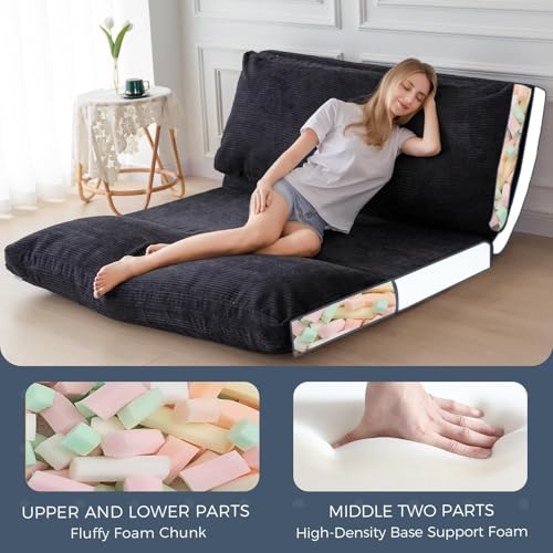 MAXYOYO Folding Sofa Bed, Extra Thick and Long Floor Sofa Convertible Chair with Washable Cover, Floor Couch Lounge Bean Bag Bed for Living Room, Black, 30"x91" - color: Black, size: Classic Single