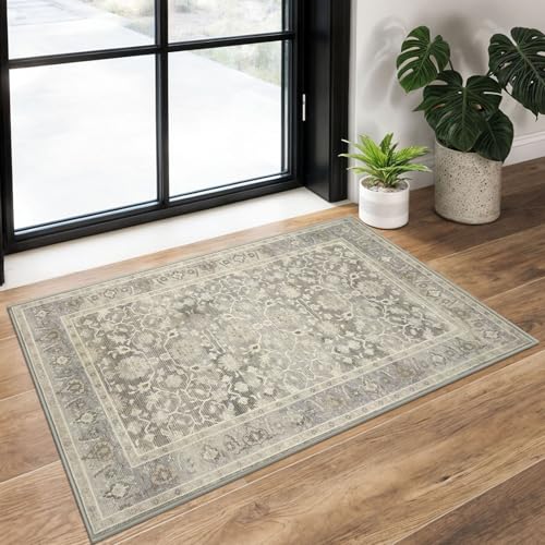 KUTA Vintage 2x3 Rugs for Entryway, Non-Slip Washable Kitchen Area Rug & Indoor Door Mat with Floral Print, Beige Ultra Thin Soft Low-Pile Throw Rug for Front Door, Bedside, Small Spaces - color: Beige, size: 2' x 3' (Rectangular)