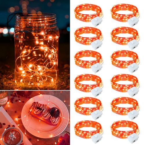 12 Pack Orange Fairy Lights Battery Operated, 7ft 20 LED Mini String Twinkle Lights for Christmas Halloween Mason Jars Centerpiece Table Decorations (12, Orange) - color: Orange