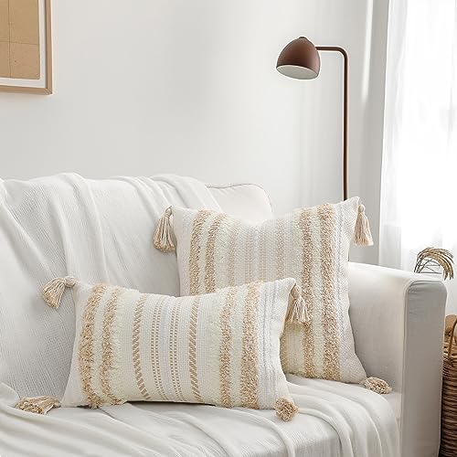 decorUhome Summer Decorative Boho Throw Pillow Cover 20x20, Accent Neutral Textured Tufted Pillow Cover Striped for Couch Bed Sofa, Khaki and Cream White, Pack of 1 - color: Khaki and Cream White, size: 20" x 20" (Pack of 1)