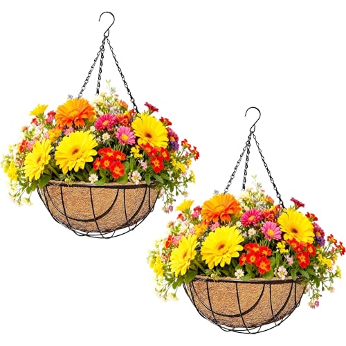 2 Pack 12 Inch Metal Outdoor Hanging Baskets Black Heavy Duty Hanging Planters with Coco Liners for Indoor Outdoor Plants Gardens Patios Terraces（Earth） - color: Earth