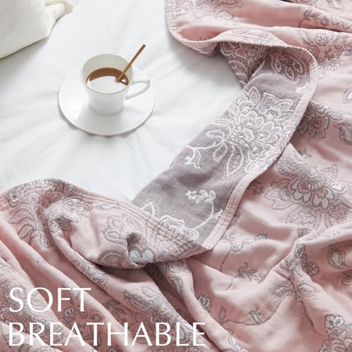 jinchan Boho 100% Cotton Muslin Queen Size 80x90 Inches Blanket Lightweight 4-Layer Quilted Soft Pink Multi Floral Throw Blanket Reversible Comfy Flower Rustic All Seasons Couch Bedroom Decor - color: Floral Pink Red, size: 80"x90"