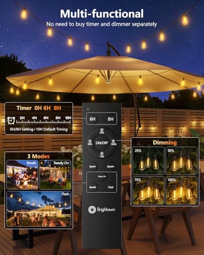 Brightown 175FT Solar String Lights Outdoor Waterproof with Remote, 56+2 LED Shatterproof Bulbs, Dimmable & Timable, 3 Light Modes - Commercial Grade Patio Lights for Garden Backyard Party Decor - size: 175FT(56 Sockets)