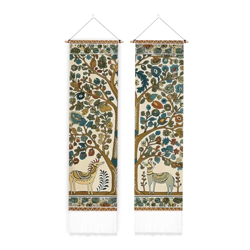 PLIGREAT 2 Pack Deer and Tree Vertical Tapestry, Folk Art Style Wall Tapestry with Tassels Aesthetic Wall Hanging for Bedroom Living Room Long Narrow Art Home Decor Housewarming Gift - color: Blue and Yellow