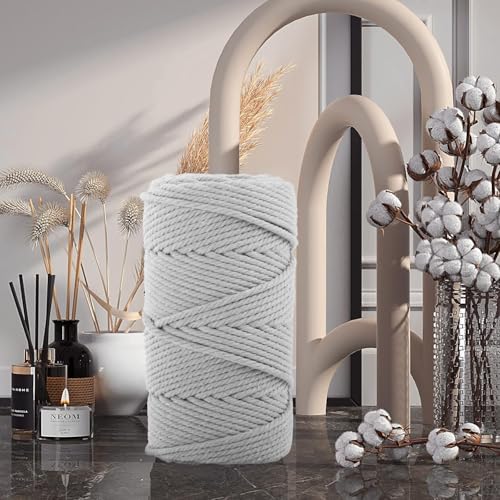 Macrame Cotton Cord 6mm x 109 Yards, ZUEXT 100% Natural Handmade Colorful 4 Strands Twisted Braided Cotton Rope for Wall Hanging Plant Hangers Gift Wrapping Tapestry DIY Crafts (100m, Light Grey) - color: Light Grey, style: 6mm x 100m