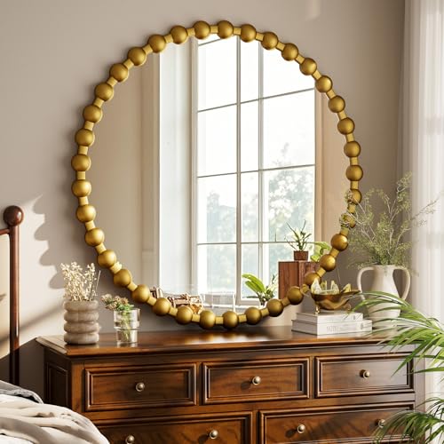 Easly Round Mirror for Wall, 32 Inch Gold Beaded Frame Decorative Vanity Mirror, Circle Bathroom Mirror with High-Definition Lense, Modern Wall Decor for Bathroom, Living Room, Bedroom, Entryway - color: Gold, size: 32"L x 32"W