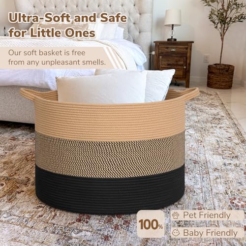INDRESSME 115L Extra Large Blanket Basket for Apartment Décor, Woven Baby Laundry Hamper Shoe Basekts for Entryway, Wicker Storage Basket for Organizing, Camel Mix & Black - color: Camel Mix & Black, size: 23.6"D x 15.7"H