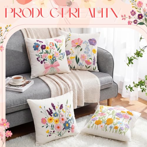 Mixweer 4 Pcs Wildflowers Pillow Covers Set, 18 x 18 Inch Embroidered Pillow Cases, Square Throw Cushion Cover for Couch Sofa Bed Home Decor - style: Wildflowers