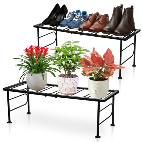 2 Pack Metal Plant Stand Indoor Outdoor, 1 Tier Heavy Duty Flower Pot Stands, Space-Saving Ladder Planter Holder, Decorative Flower Display Rack for Patio Living Room Garden Corner Balcony