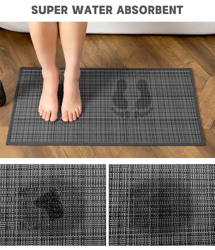 YIHOUSE Bathroom Rugs Sets 2 Pieces, Dark Grey Ultra Thin Bath Mats Fit Under Door, Absorbent Quickly Dry Rubber Backing Braided Bath Mat Set, Non Slip Washable Bath Rugs for Bathroom Floor, Grey - color: Grey Multi, size: 2pieces