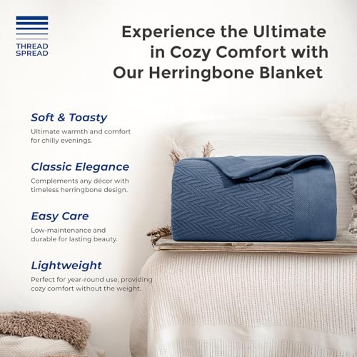 THREAD SPREAD Organic GOTS Certified Cotton Blanket, Twin/Twin XL - 350 GSM, Antistatic, Fuzzy Soft, Lightweight, Sofa, Camping & Travel, All-Season Herringbone Throw, Medium Blue + Bonus Tote Bag - color: Herringbone - Medium Blue, size: Twin / Twin XL