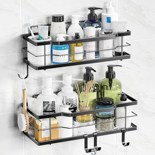 Moforoco Shower Caddy Shelf Organizer Rack, Self Adhesive Black Bathroom Shelves Basket, Home Farmhouse Wall Inside Organization and Storage Decor Rv Accessories, First Camper Apartment Essentials - color: Black, size: X-Large