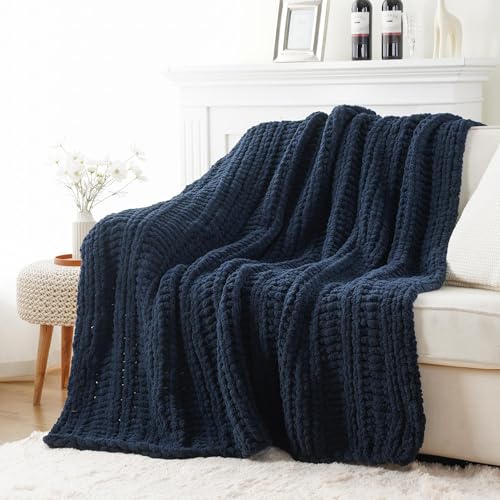 Battilo Cozy Navy Blue Throw Blanket 50" x 60" | Hand Knitted Chunky Knit Throw Blanket, Soft Jumbo Chenille for Couch Sofa Bed - color: Navy