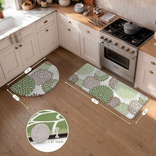 KIMODE Half Circle Kitchen Foor Mats Cushioned Anti Fatigue,Dahlia Floral Boho Kitchen Rug Sets of 2 Non Slip,Waterproof Kitchen Carpet Decor for Sink Laundry Bathroom,Sage Green - color: Sage Green, size: 18" x 28"+18" x 47"-0.47 inches