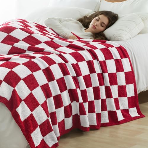 Exclusivo Mezcla Checkered Knit Throw Blanket, Ultra Soft and Warm Reversible Woven Blankets, Cozy Snuggly Throw for Couch Bed and Home Decor, Red, 50"x60" - color: Red, size: Throw (50"x60")