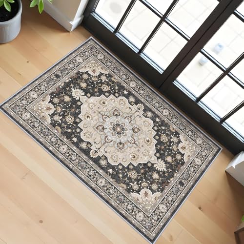 Washable 2x3 Entryway Area Rug: Vintage Non-Slip Backing Rugs for Kitchen Bathroom Water Resistant Carpet for Bedroom Soft Low Pile Front Door Mat for Dining Room 2x3 Black - color: Black, size: 2' x 3' (Rectangular)