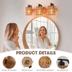 Boho Vanity Light Fixtures,Bathroom Lights Over Mirror,Rustic Rattan Wall Sconce with Woven Cage,3-Light Boho Wall Mounted Light Wooden Farmhouse Vanity Lighting for Bedroom Hallway Living Room Foyer - color: Cylinder shade