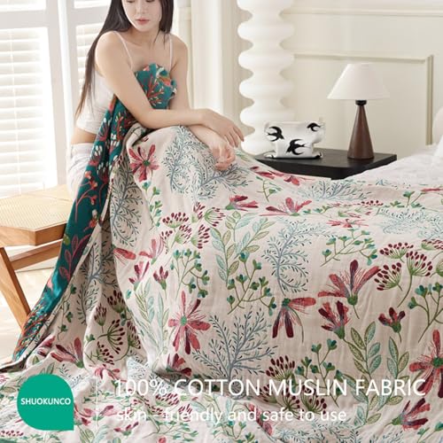 Boho Throw Blanket, 100% Cotton Ultra Soft Luxury Throw Rustic Quilt, Muslin Breathable Soft Bed Throw ，All Throw for Sofa Couch Chair 90x98 Inch - color: Precious Flowers, size: 90x98 Inch