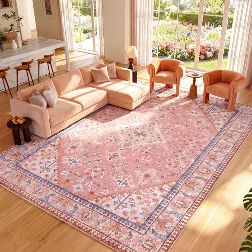 9x12 Area Rugs for Living Room, Machine Washable Low Pile Rug, Non Slip Backing Boho Rugs for Bedroom, Printed Soft Vintage Carpet Peach Pink 9 x 12 - color: 08/Peach/Soft Blush/Thistle/Terracotta, size: 9' x 12' (Rectangular)