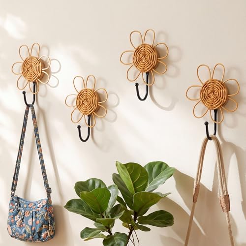 Colingmill 4 Pcs Boho Rattan Wall Towel Hooks Decorative Woven Hanging Holder Farmhouse Coat Rack Hooks Wood Coat Rack Wall Mount Vintage Decorative Hook for Hanging Coats (Flower) - style: Flower