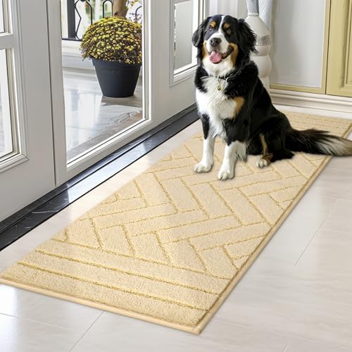 hicorfe Indoor Doormat,Front Back Door Mat Rubber Backing Non Slip Door Mats 20"x48" Absorbent Resist Dirt Entrance Doormat Inside Floor Mats for Entryway Washable Low-Profile(Cream Yellow) - color: Cream Yellow, size: 48" x 20" (Rectangular)