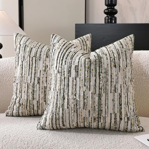 Striped Throw Pillow Covers 18x18 Set of 2 Green Textured Boucle Chic Morden Boho Accent Farmhouse Decorative Chenille Pillow Covers for Home Decor Bed Sofa Living Room - color: Green, size: 18" x 18" (Pack of 2)